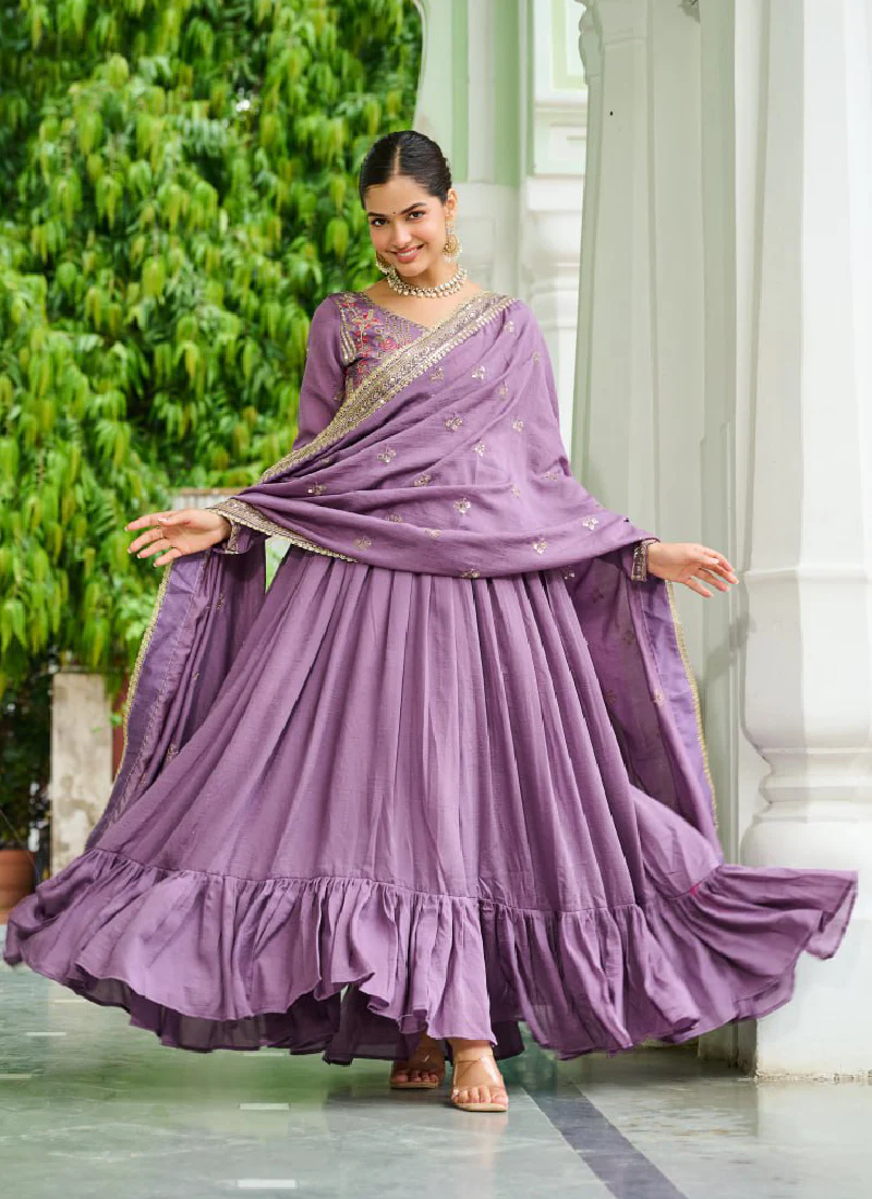Sequence Embroidered Stylist Lavender Vichitra Silk Long Anarkali - Image 5