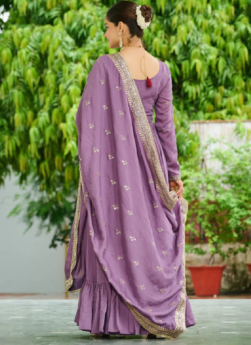 Sequence Embroidered Stylist Lavender Vichitra Silk Long Anarkali - Image 6