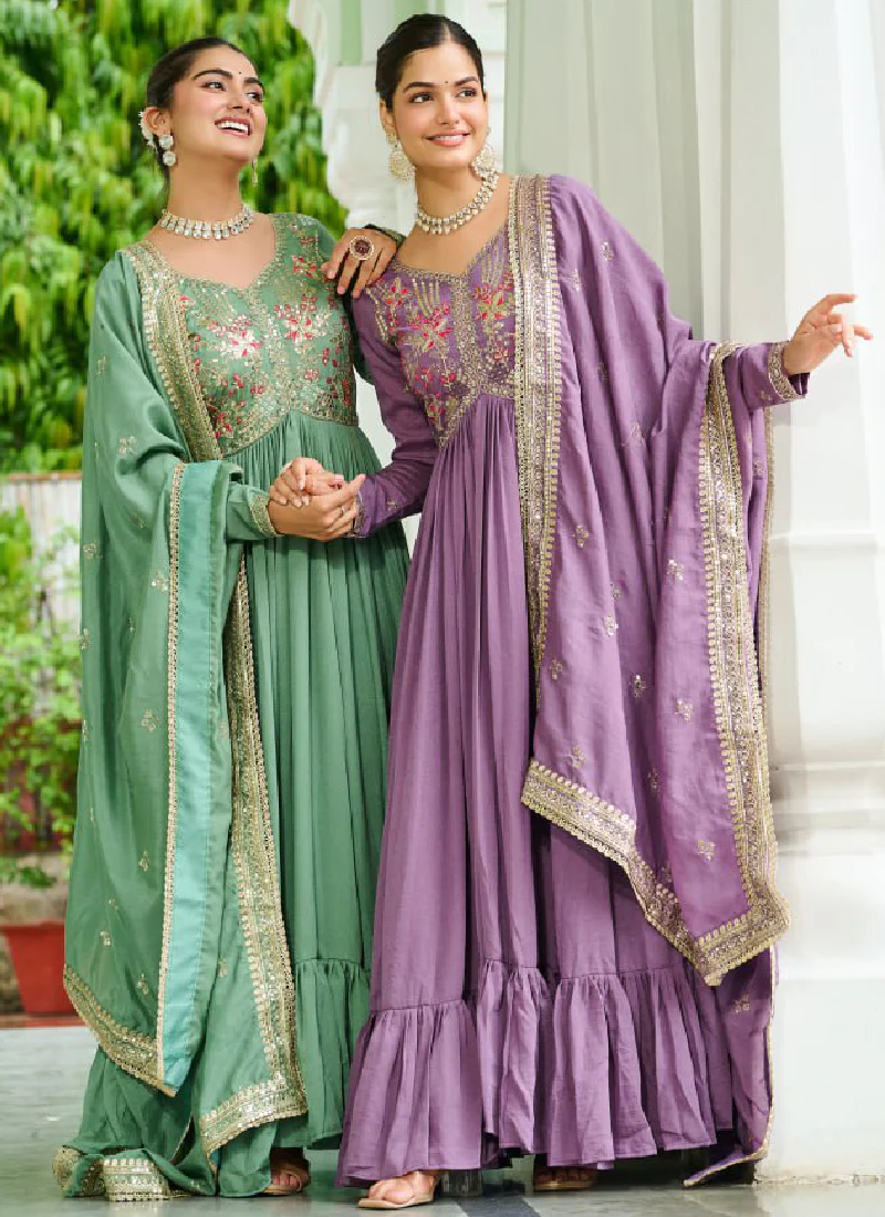 Sequence Embroidered Stylist Lavender Vichitra Silk Long Anarkali - Image 7