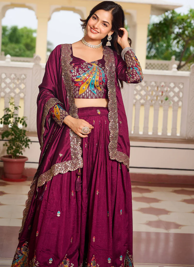 Sequence Embroidered Vichitra Silk Wine Lehenga Choli For Wedding - Image 2