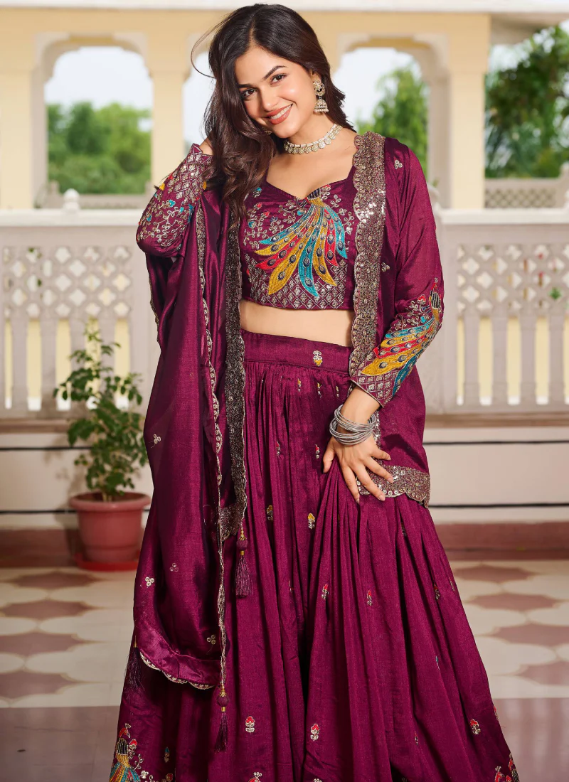 Sequence Embroidered Vichitra Silk Wine Lehenga Choli For Wedding - Image 3
