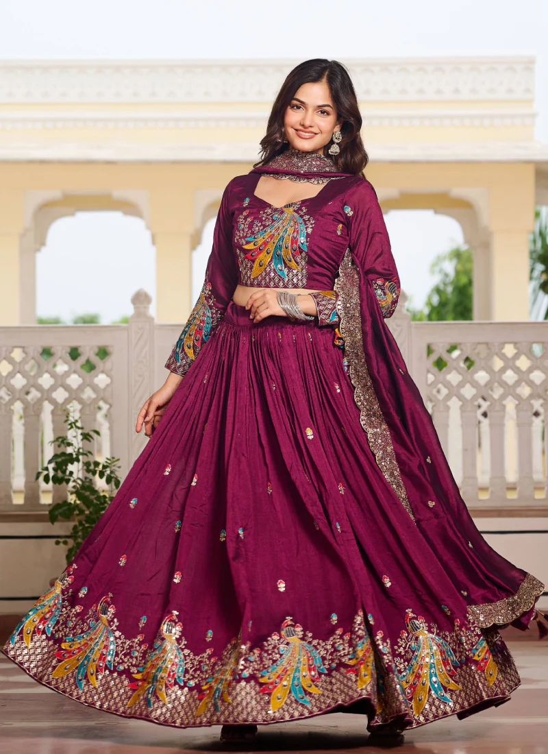 Sequence Embroidered Vichitra Silk Wine Lehenga Choli For Wedding - Image 4
