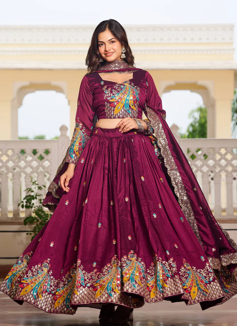 Sequence Embroidered Vichitra Silk Wine Lehenga Choli For Wedding - Image 5