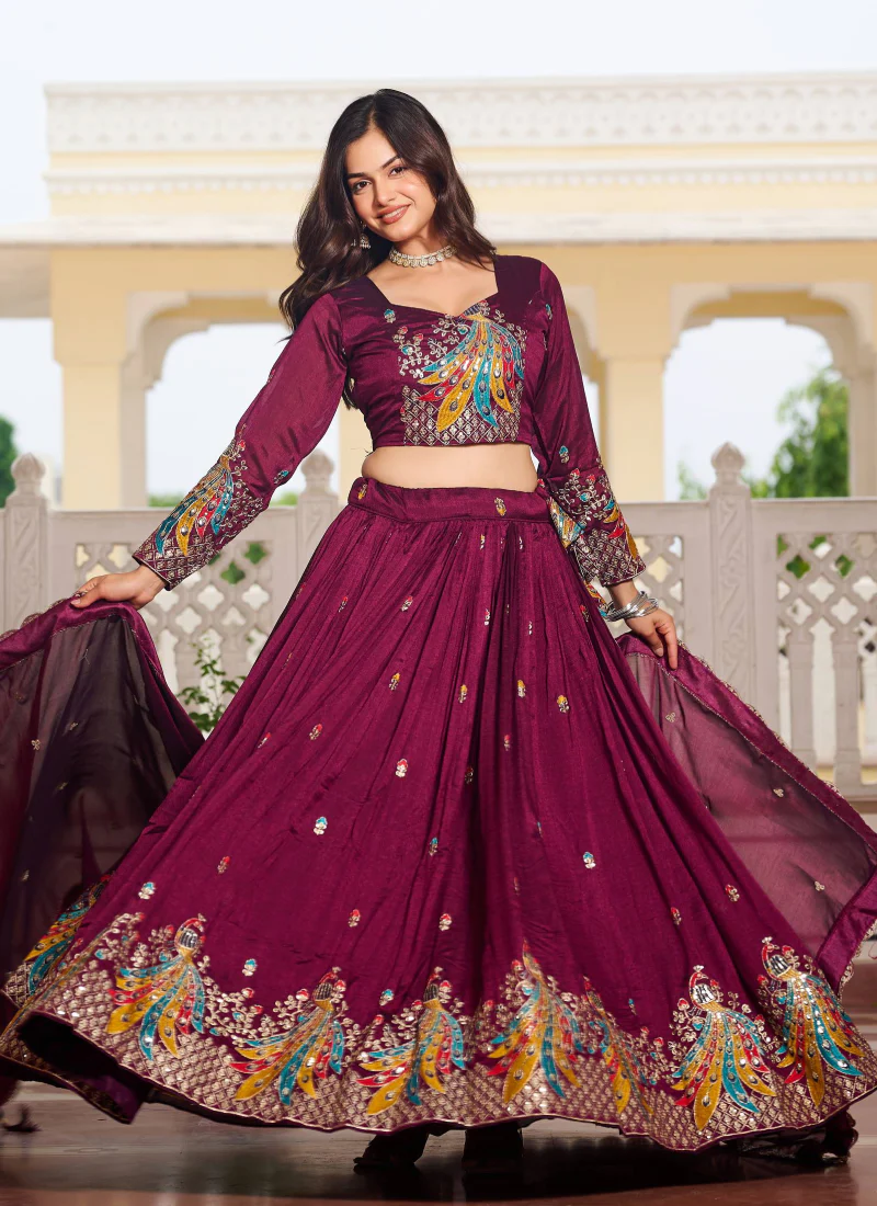 Sequence Embroidered Vichitra Silk Wine Lehenga Choli For Wedding - Image 6