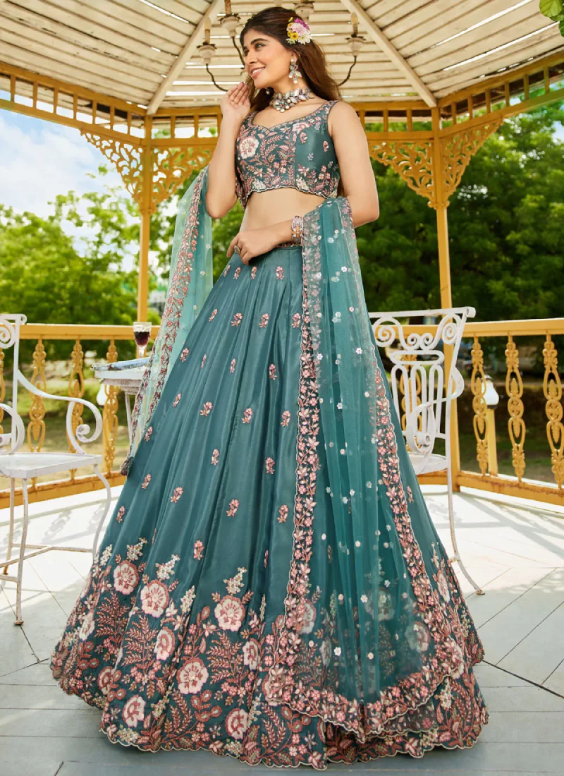 Sequence Embroidery Satin Silk Teal Blue Lehenga Choli For Wedding - Image 3