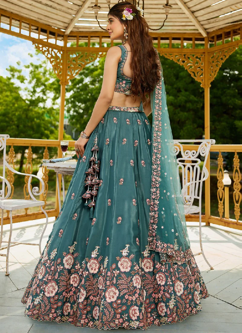 Sequence Embroidery Satin Silk Teal Blue Lehenga Choli For Wedding - Image 4