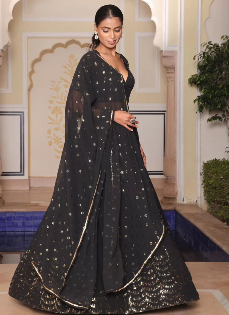 Sequence Embroidery Work Black Party Wear Georgette Lehenga Choli - Image 3