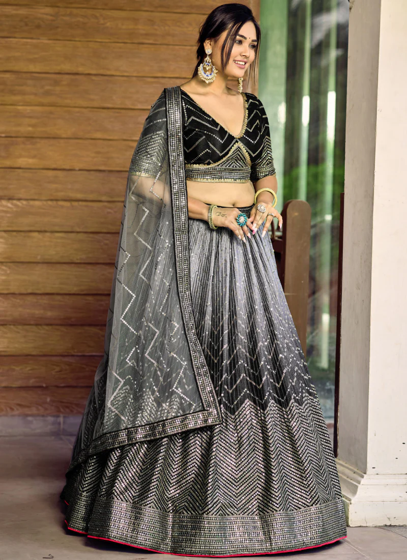 Sequence Embroidery Work Black Shaded Chinon Silk Lehenga Choli - Image 3