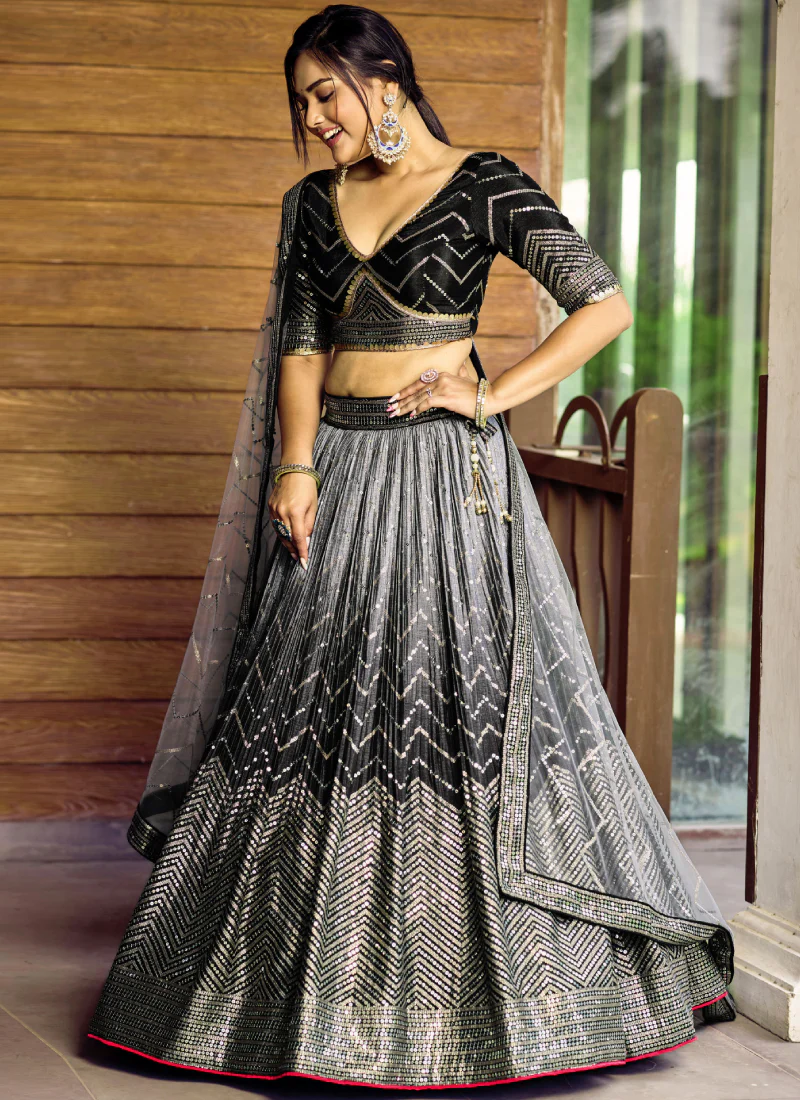 Sequence Embroidery Work Black Shaded Chinon Silk Lehenga Choli - Image 4