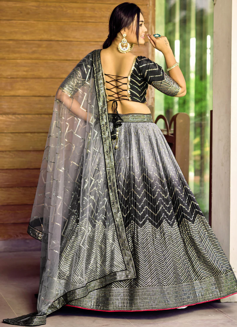 Sequence Embroidery Work Black Shaded Chinon Silk Lehenga Choli - Image 6