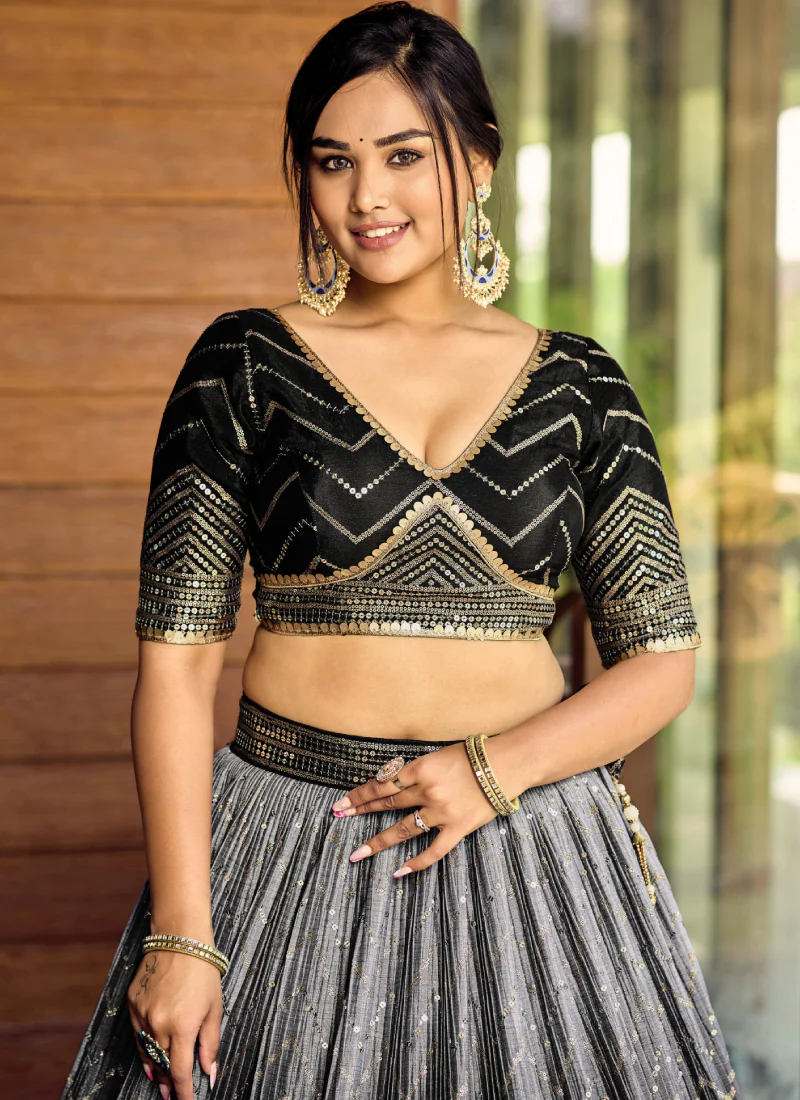 Sequence Embroidery Work Black Shaded Chinon Silk Lehenga Choli - Image 7