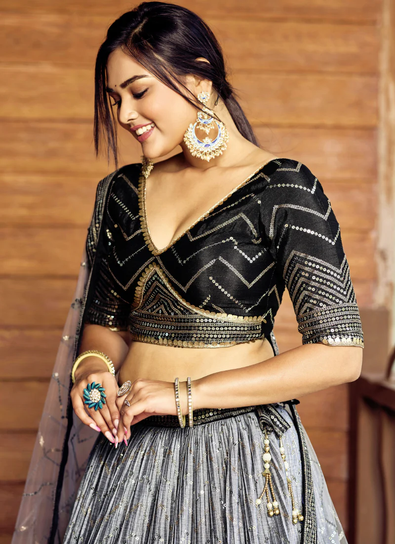 Sequence Embroidery Work Black Shaded Chinon Silk Lehenga Choli - Image 8