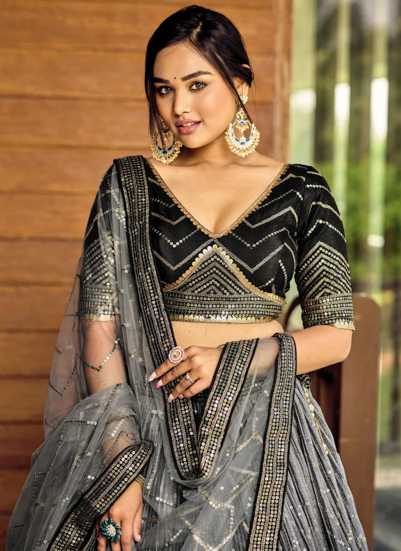 Sequence Embroidery Work Black Shaded Chinon Silk Lehenga Choli - Image 9