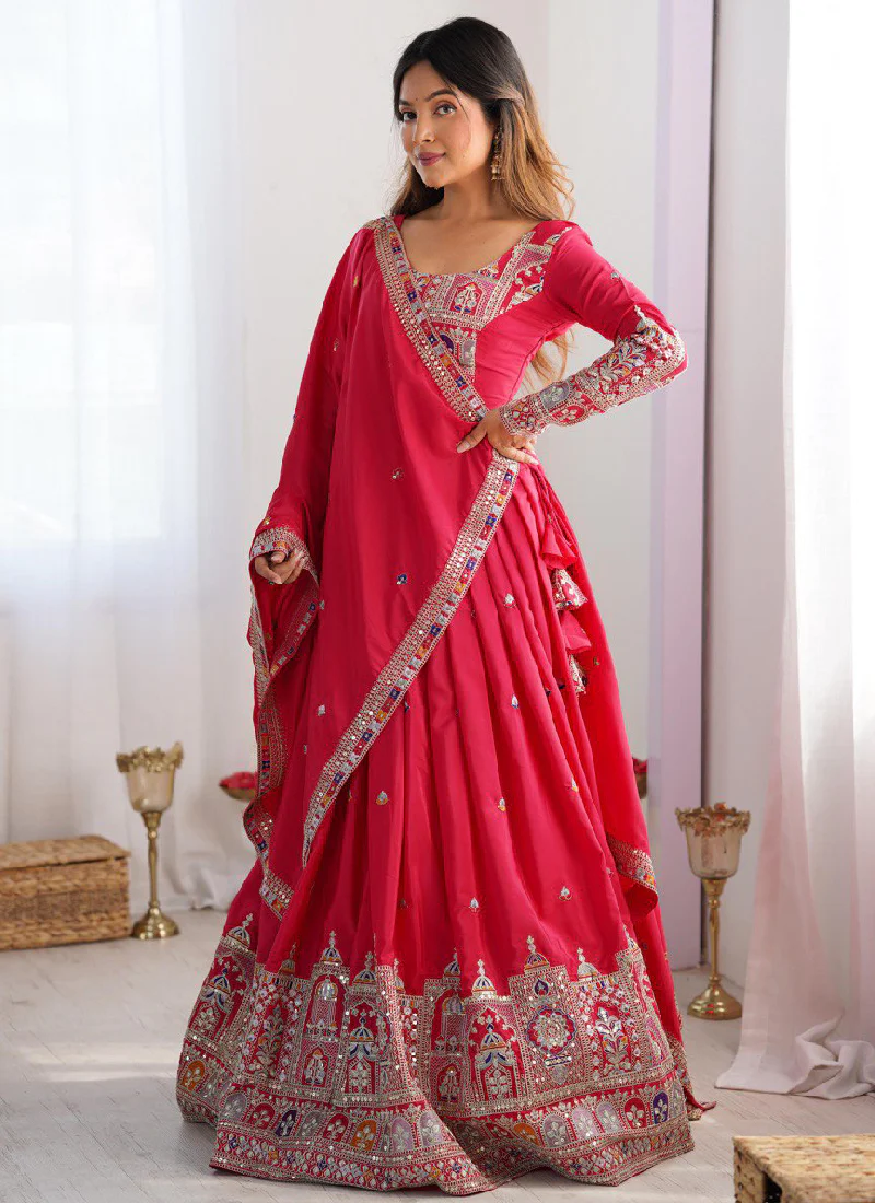 Sequence Embroidery Work Crepe Silk Red Lehenga Choli For Wedding