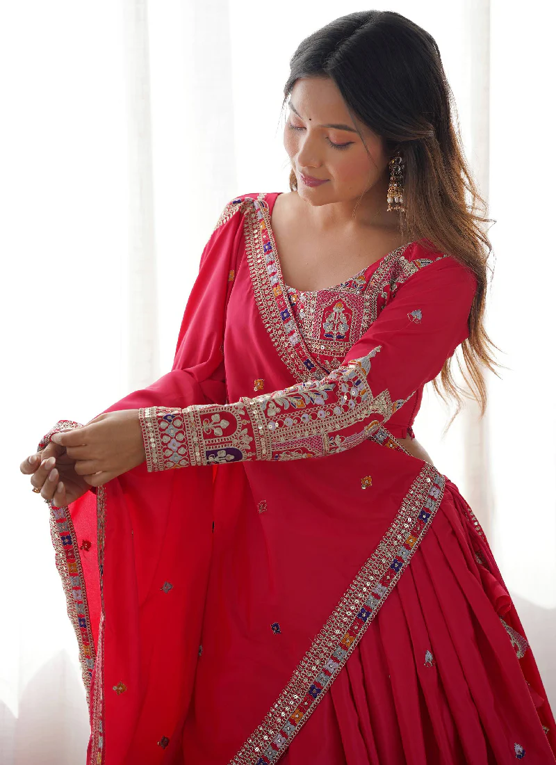 Sequence Embroidery Work Crepe Silk Red Lehenga Choli For Wedding - Image 2