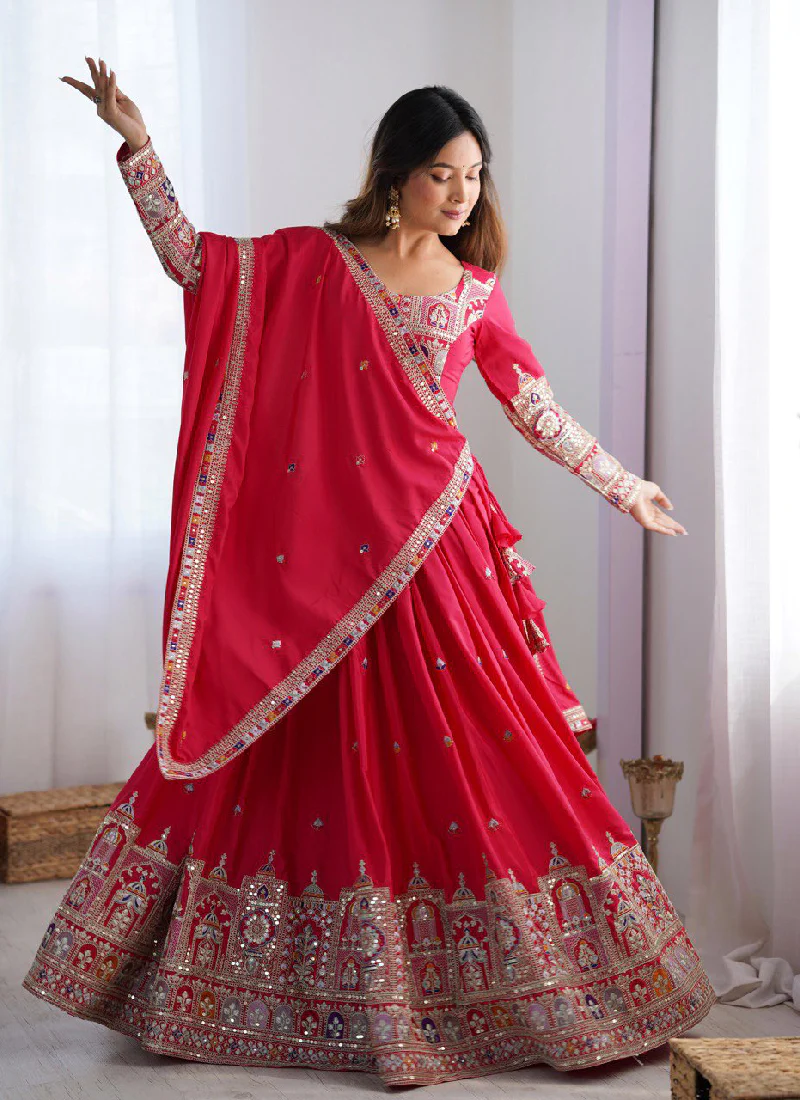 Sequence Embroidery Work Crepe Silk Red Lehenga Choli For Wedding - Image 3