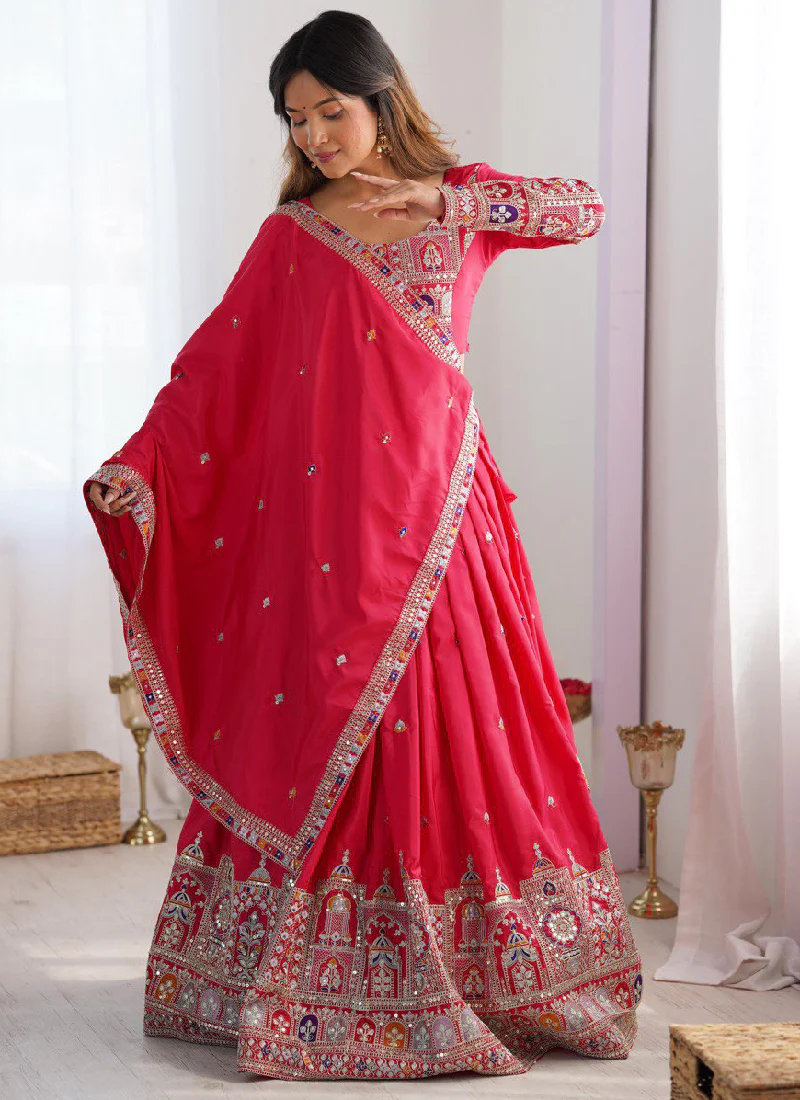 Sequence Embroidery Work Crepe Silk Red Lehenga Choli For Wedding - Image 4