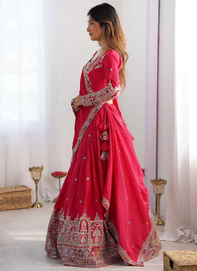 Sequence Embroidery Work Crepe Silk Red Lehenga Choli For Wedding - Image 5