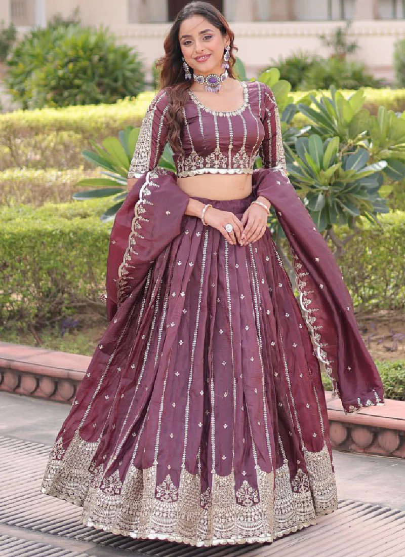 Sequence Embroidery Work Gold Crush Wine Lehenga Choli For Women
