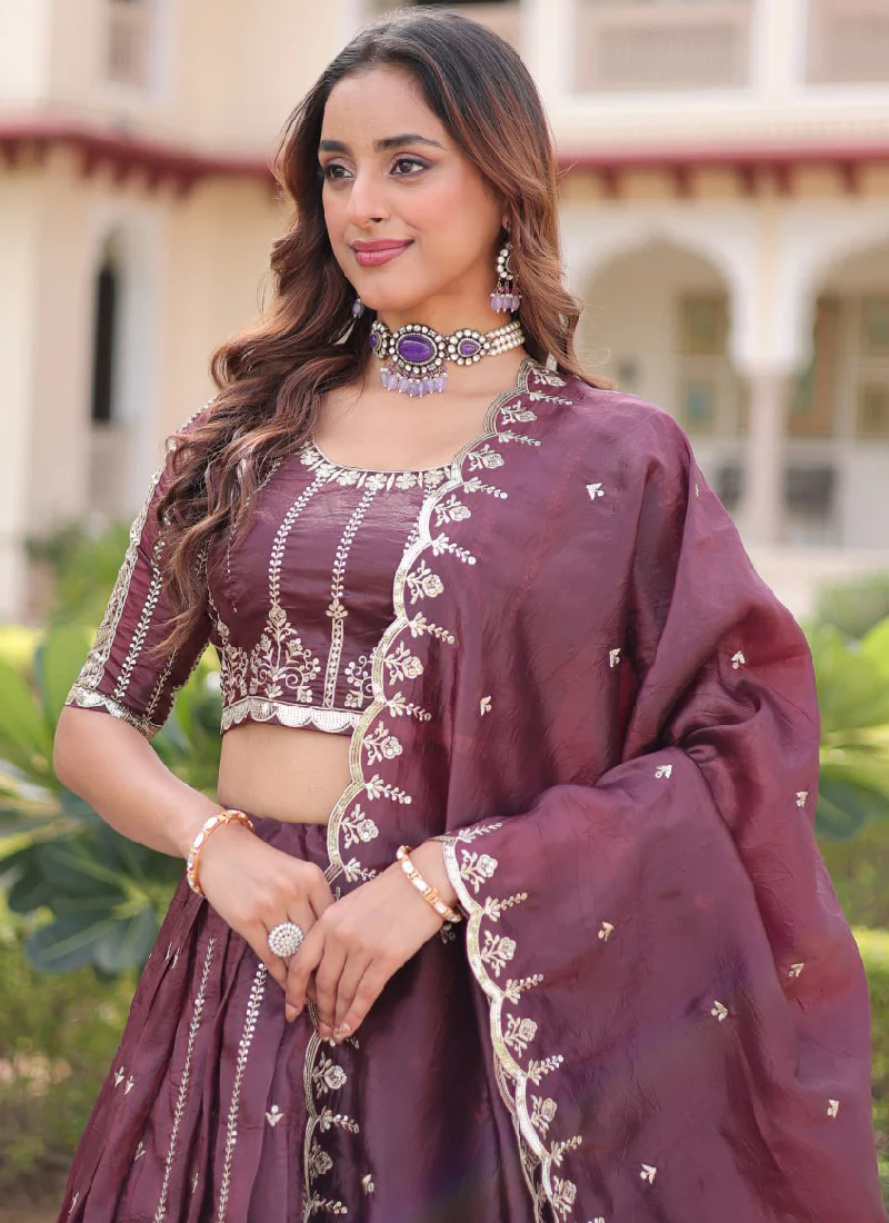 Sequence Embroidery Work Gold Crush Wine Lehenga Choli For Women - Image 2