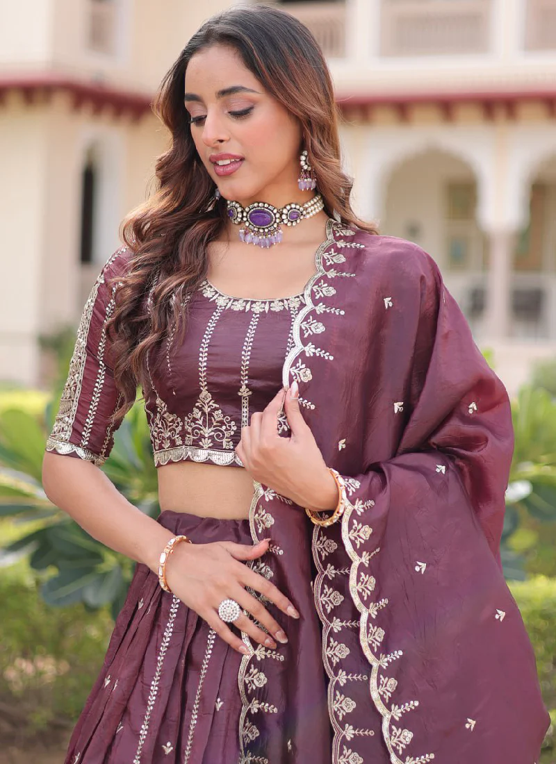 Sequence Embroidery Work Gold Crush Wine Lehenga Choli For Women - Image 3