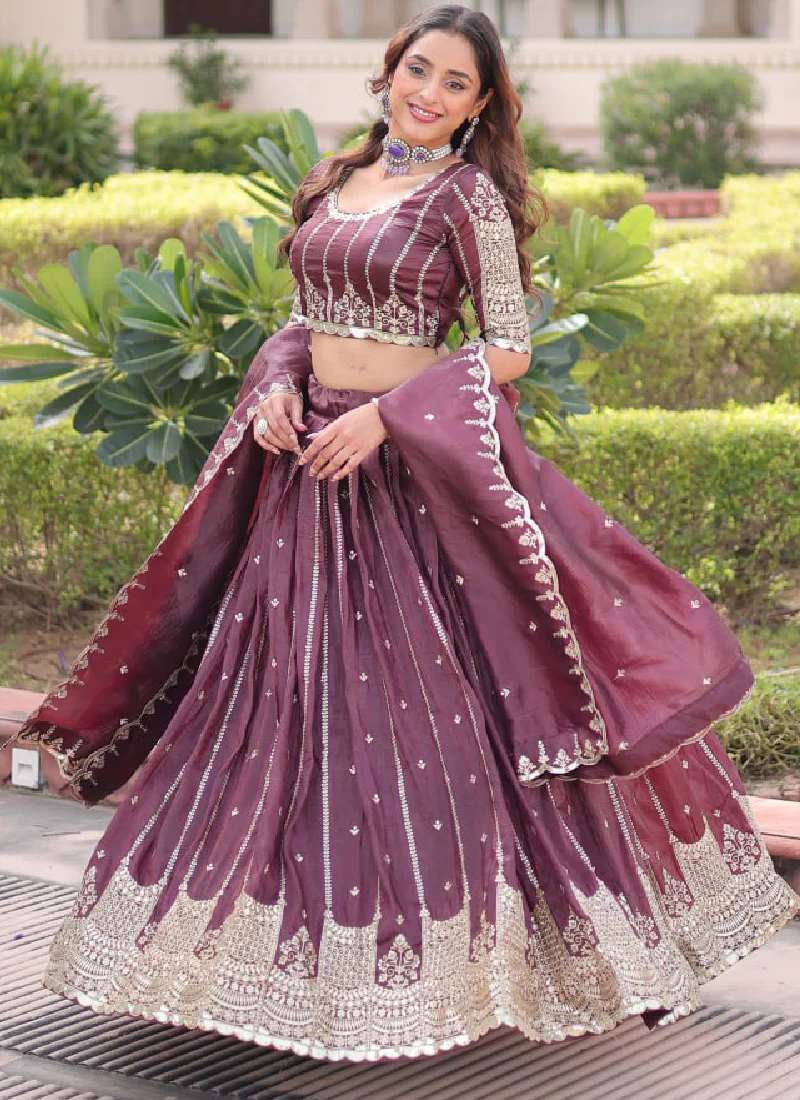 Sequence Embroidery Work Gold Crush Wine Lehenga Choli For Women - Image 4