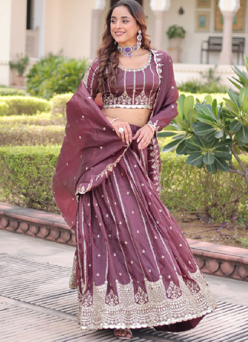 Sequence Embroidery Work Gold Crush Wine Lehenga Choli For Women - Image 5
