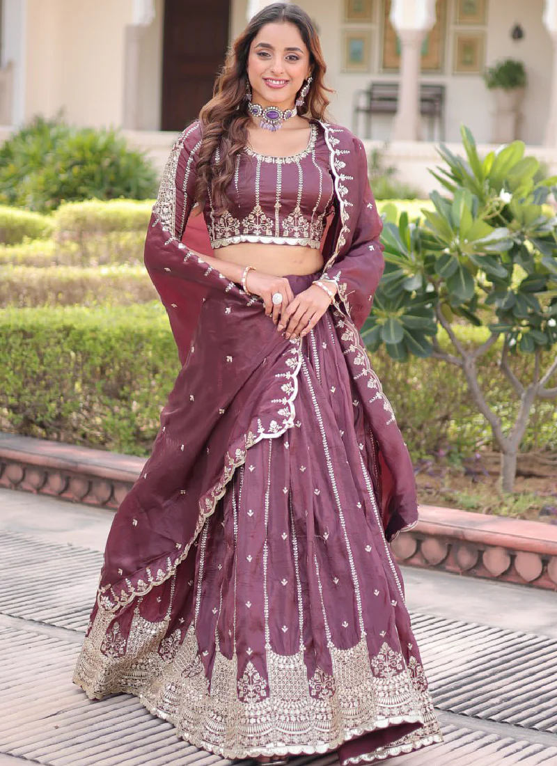 Sequence Embroidery Work Gold Crush Wine Lehenga Choli For Women - Image 6