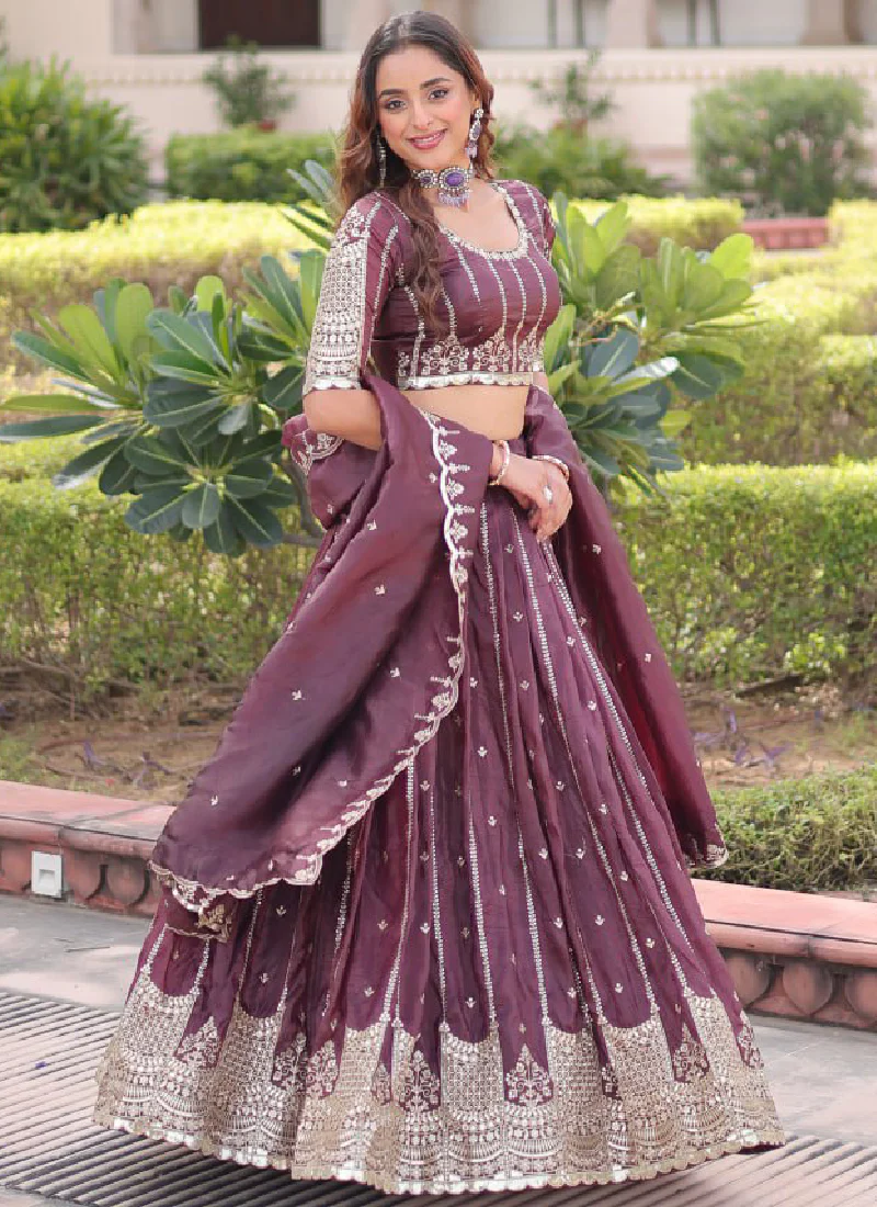 Sequence Embroidery Work Gold Crush Wine Lehenga Choli For Women - Image 7