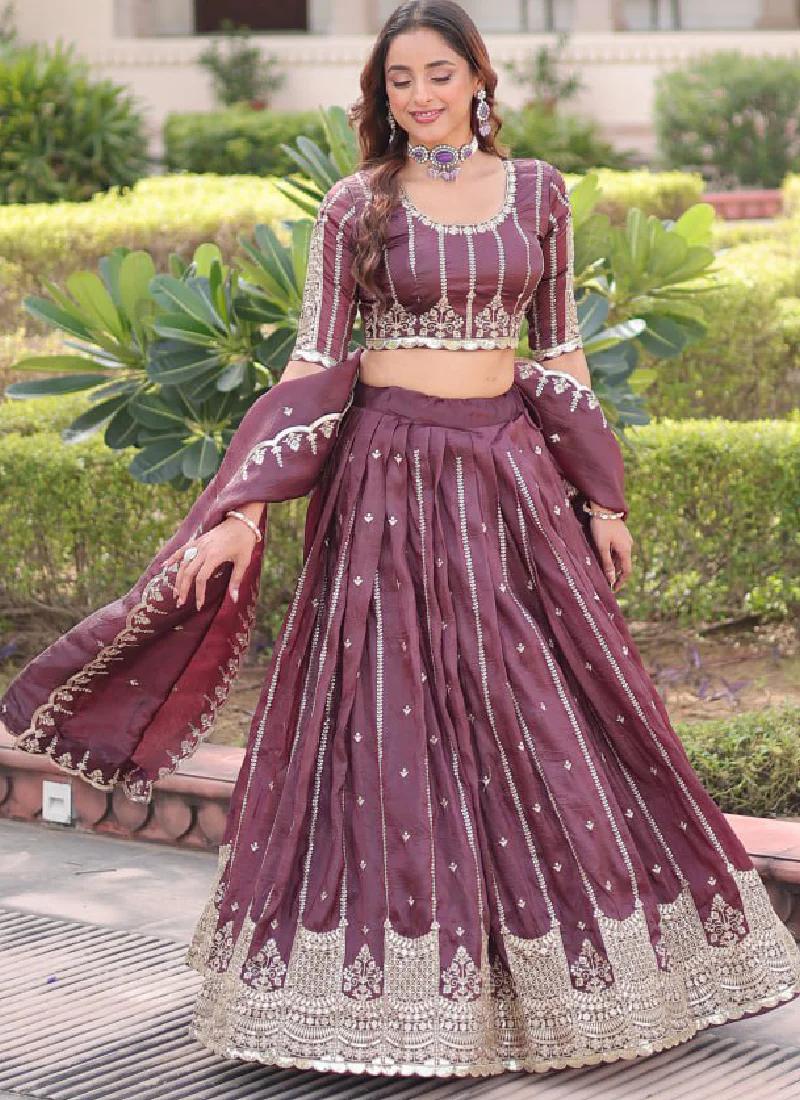 Sequence Embroidery Work Gold Crush Wine Lehenga Choli For Women - Image 9