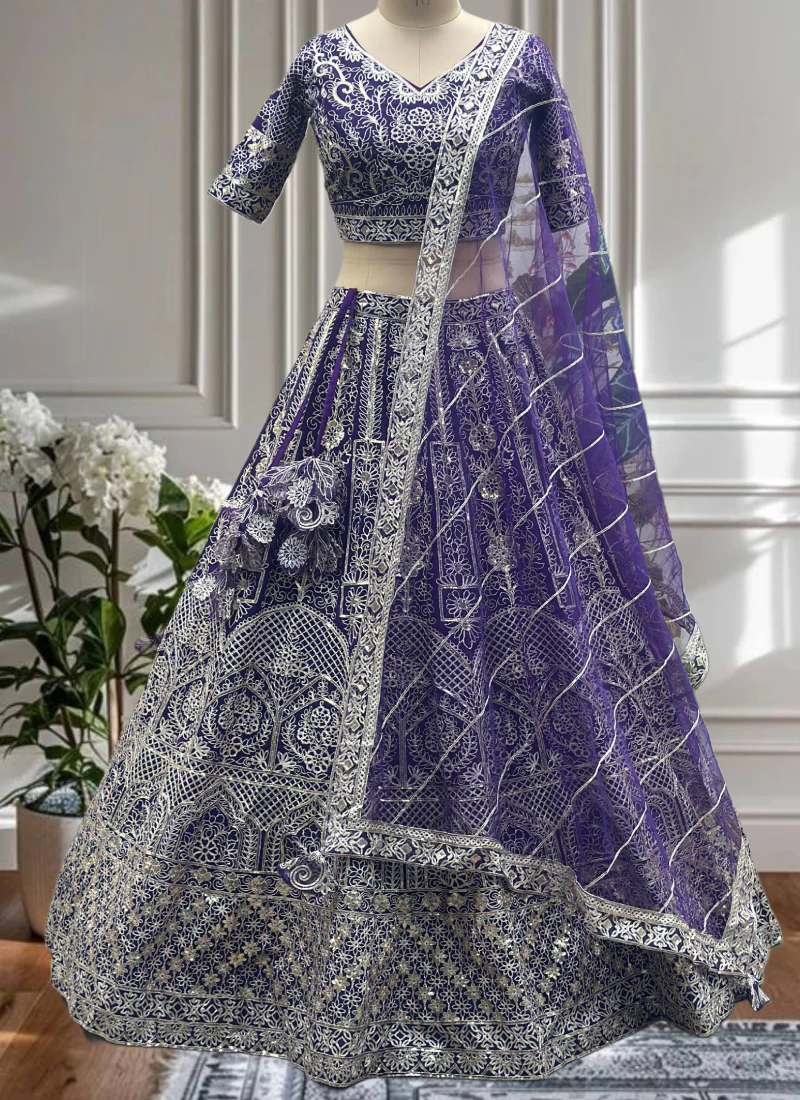Sequence Heavy Embroidered Purple Net Lehenga Choli For Women - Image 7