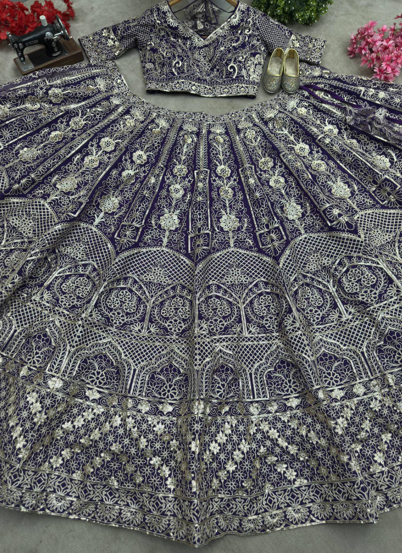 Sequence Heavy Embroidered Purple Net Lehenga Choli For Women - Image 8