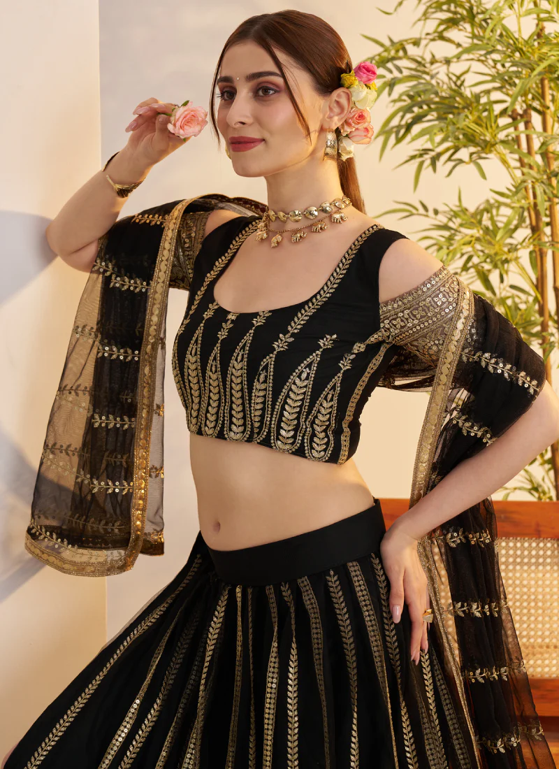 Sequence Heavy Embroidered Reception Wear Net Black Lehenga Choli - Image 2