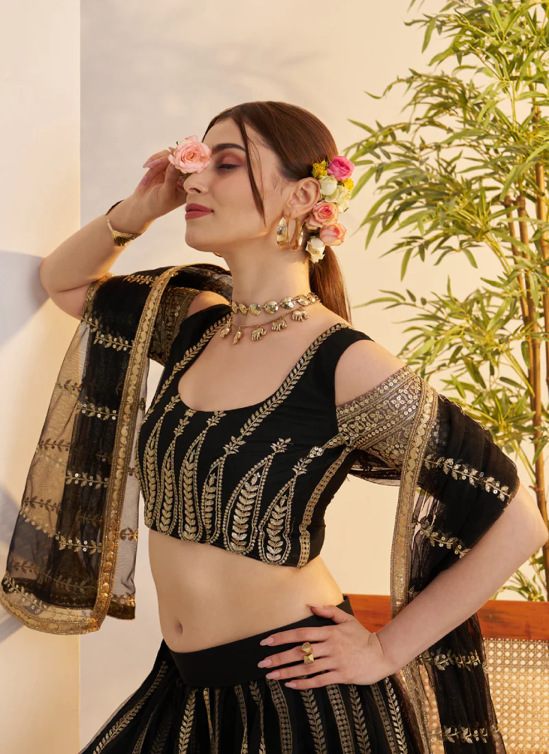 Sequence Heavy Embroidered Reception Wear Net Black Lehenga Choli - Image 3