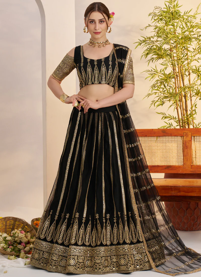 Sequence Heavy Embroidered Reception Wear Net Black Lehenga Choli - Image 4