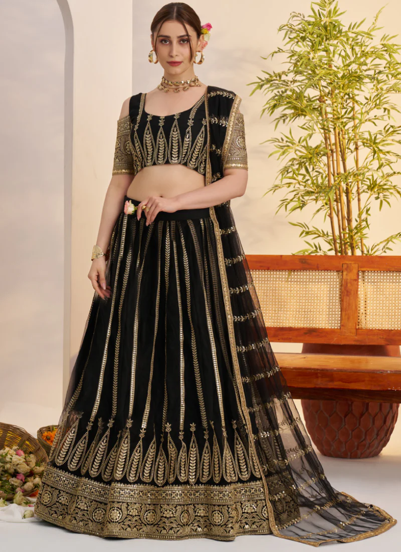 Sequence Heavy Embroidered Reception Wear Net Black Lehenga Choli - Image 5