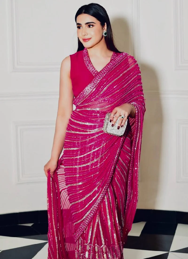 Sequence Work Designer Reception Wear Georgette Pink Saree With Blouse - Image 3