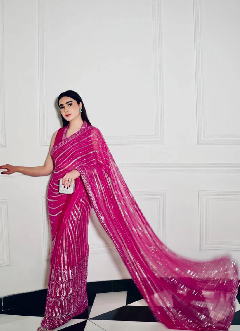 Sequence Work Designer Reception Wear Georgette Pink Saree With Blouse - Image 4