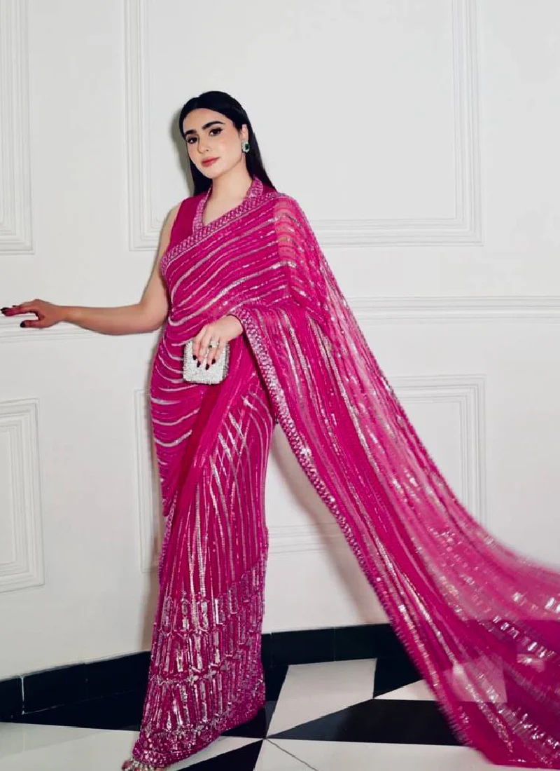 Sequence Work Designer Reception Wear Georgette Pink Saree With Blouse - Image 5