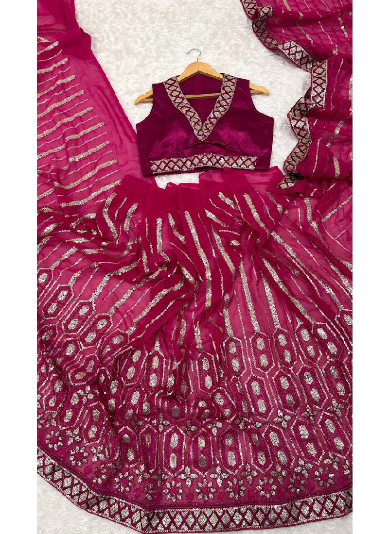 Sequence Work Designer Reception Wear Georgette Pink Saree With Blouse - Image 6