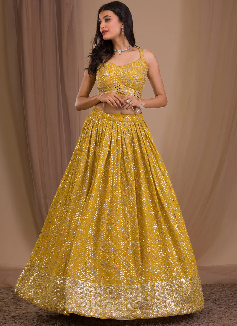 Sequence Work Georgette Haldi Special Designer Yellow Lehenga Choli - Image 3
