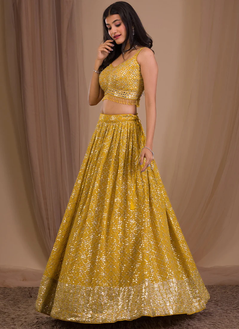 Sequence Work Georgette Haldi Special Designer Yellow Lehenga Choli - Image 4