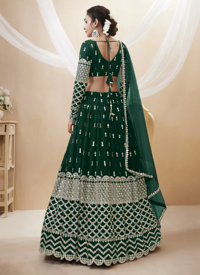 Sequence Work Georgette Material Bottle Green Lehenga Choli - Image 3