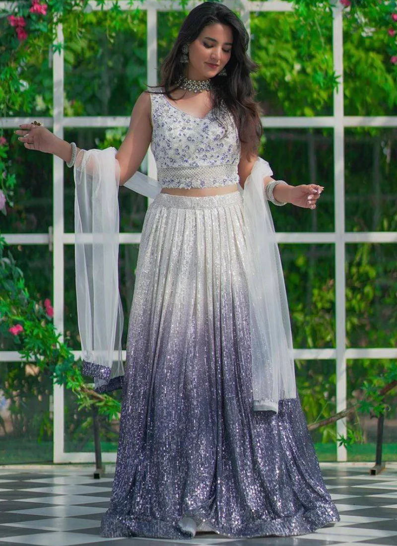 Sequence Work Georgette Navy Blue And White Party Wear Lehenga Choli - Image 3