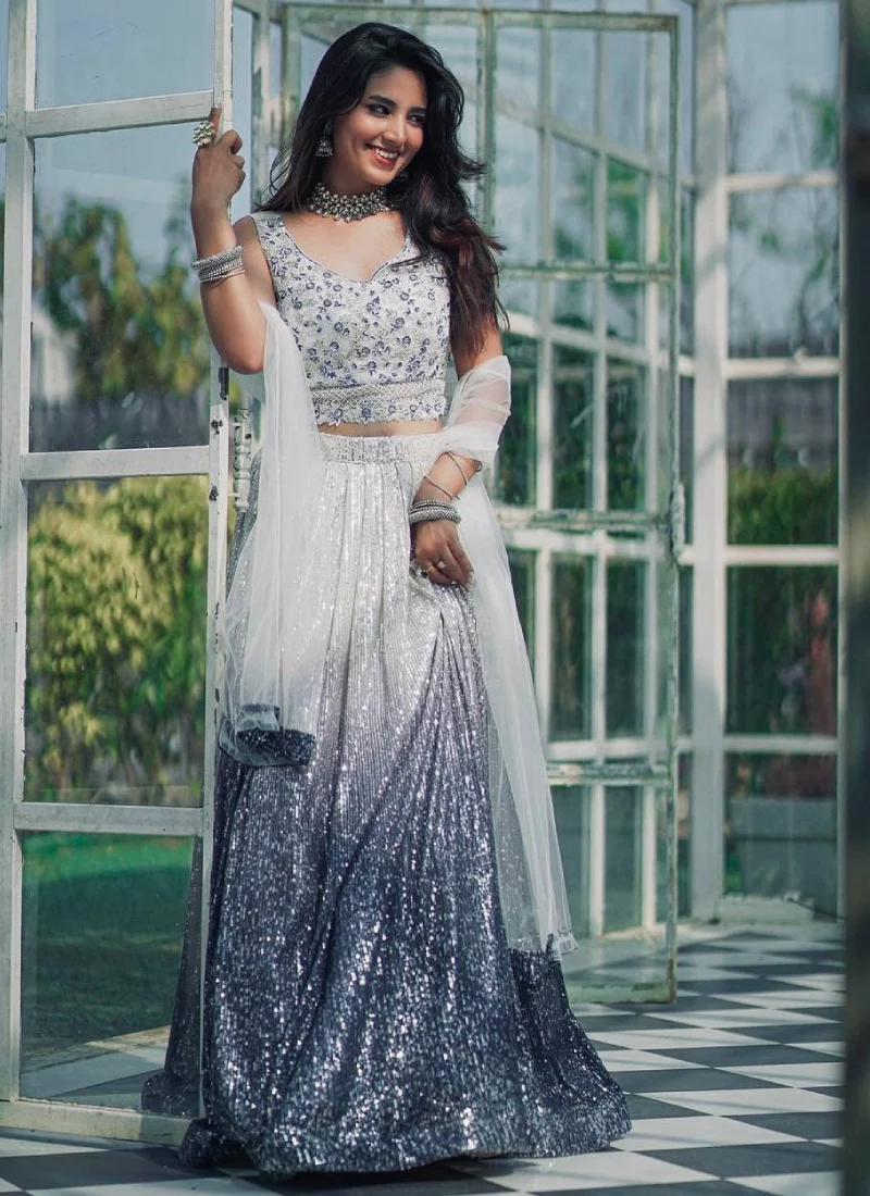 Sequence Work Georgette Navy Blue And White Party Wear Lehenga Choli - Image 5