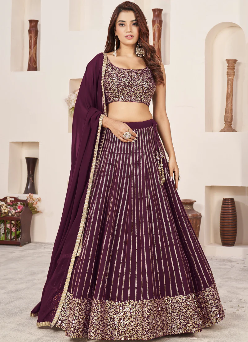 Sequence Work Georgette Party Wear Wine Lehenga Choli Set