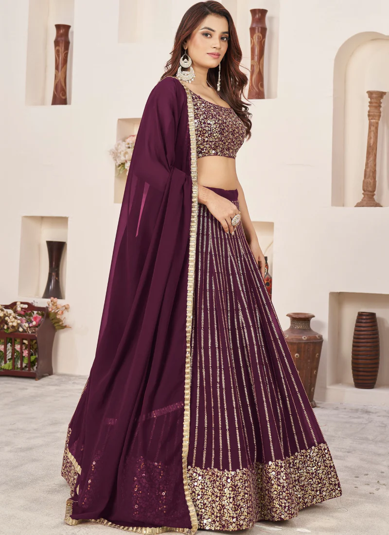 Sequence Work Georgette Party Wear Wine Lehenga Choli Set - Image 2