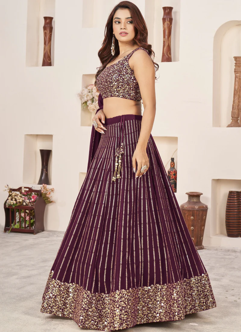 Sequence Work Georgette Party Wear Wine Lehenga Choli Set - Image 3