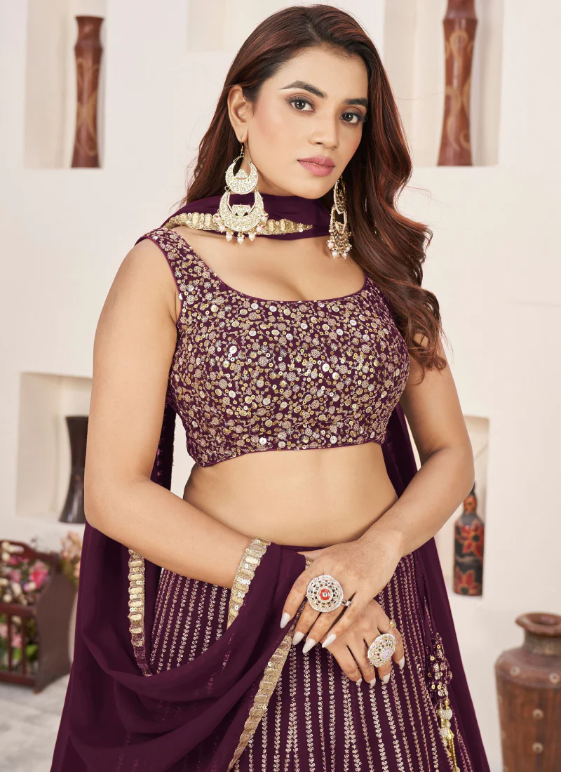 Sequence Work Georgette Party Wear Wine Lehenga Choli Set - Image 4