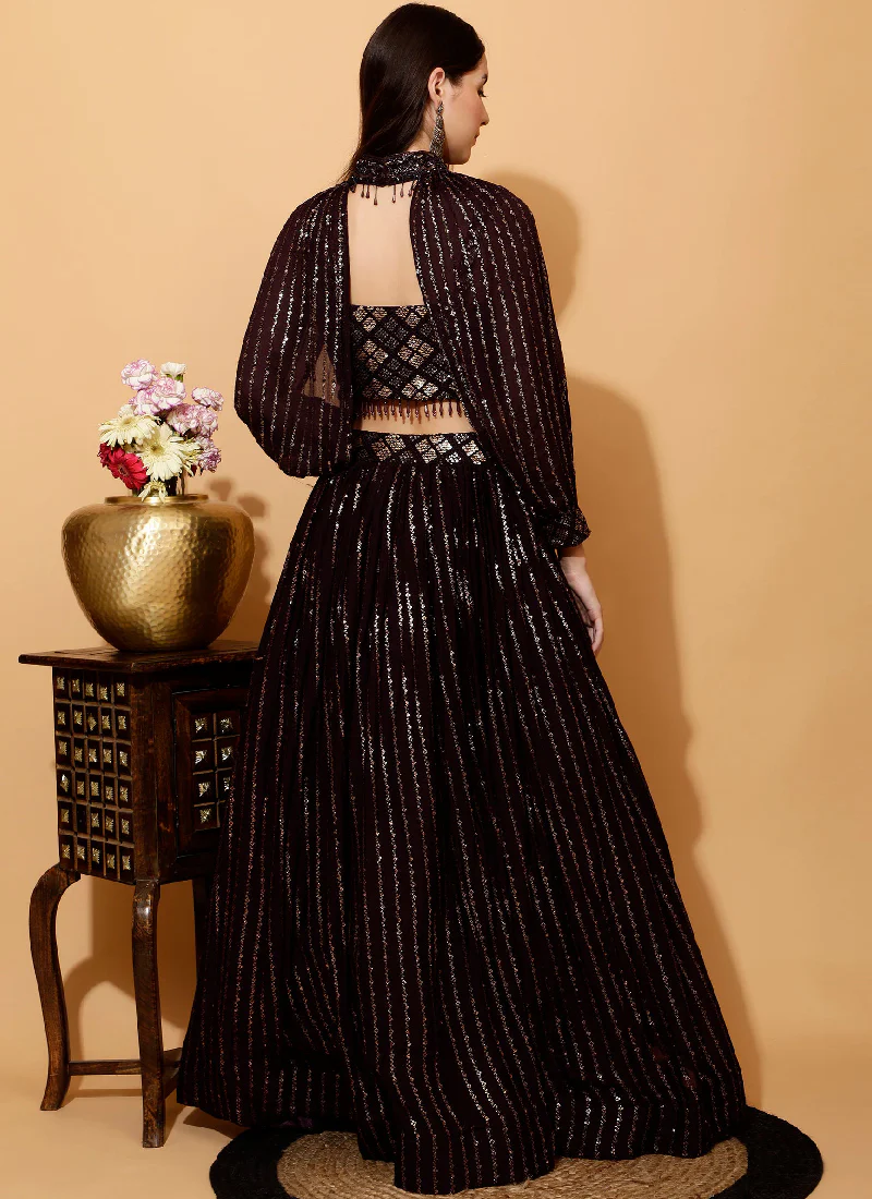 Sequence Work Georgette Wine Crop Top Skirt With Choker Sleeves - Image 3